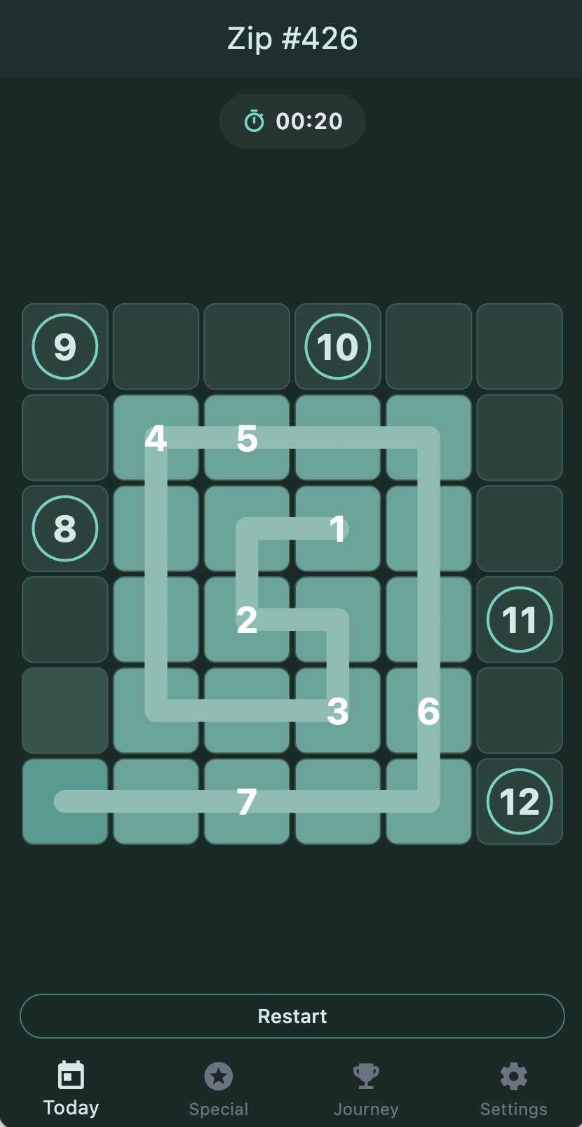 Zip Game 遊戲畫面 (深色模式)